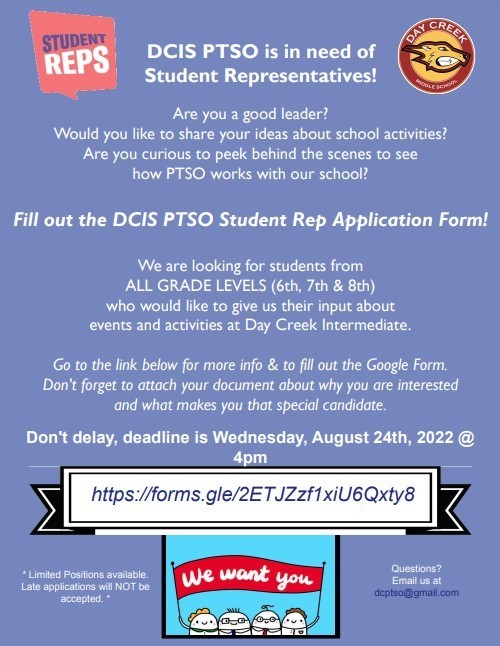 DCIS PTSO Student Representatives Extended Deadline