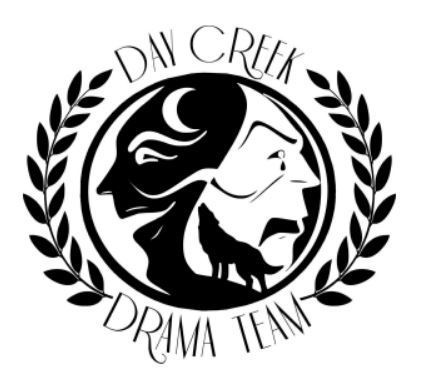 Logo of Day Creek Drama Team with two faces and a wolf