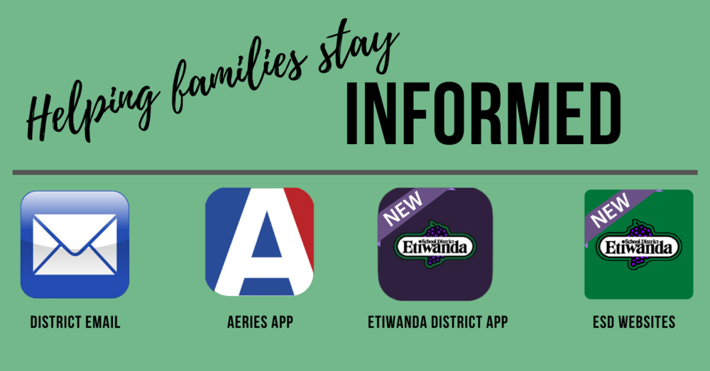 Helping Families Stay Informed District Email, Aeries App, New Etiwanda District App, New ESD Websites