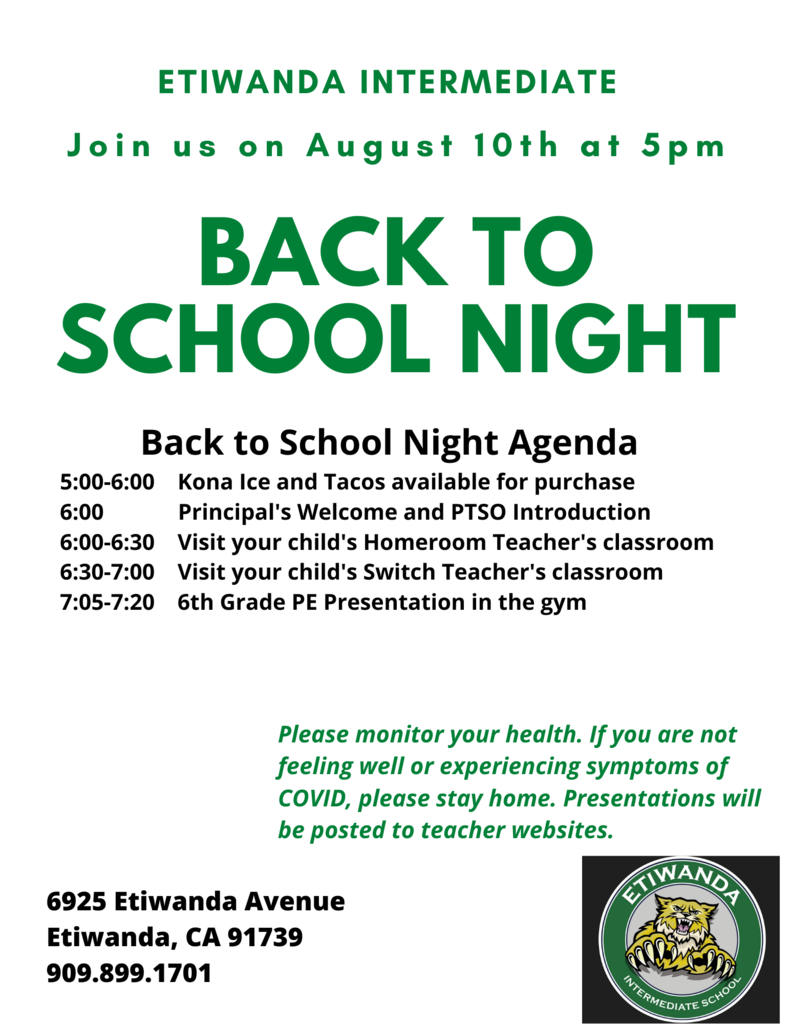 Back To School Night,  August 10th