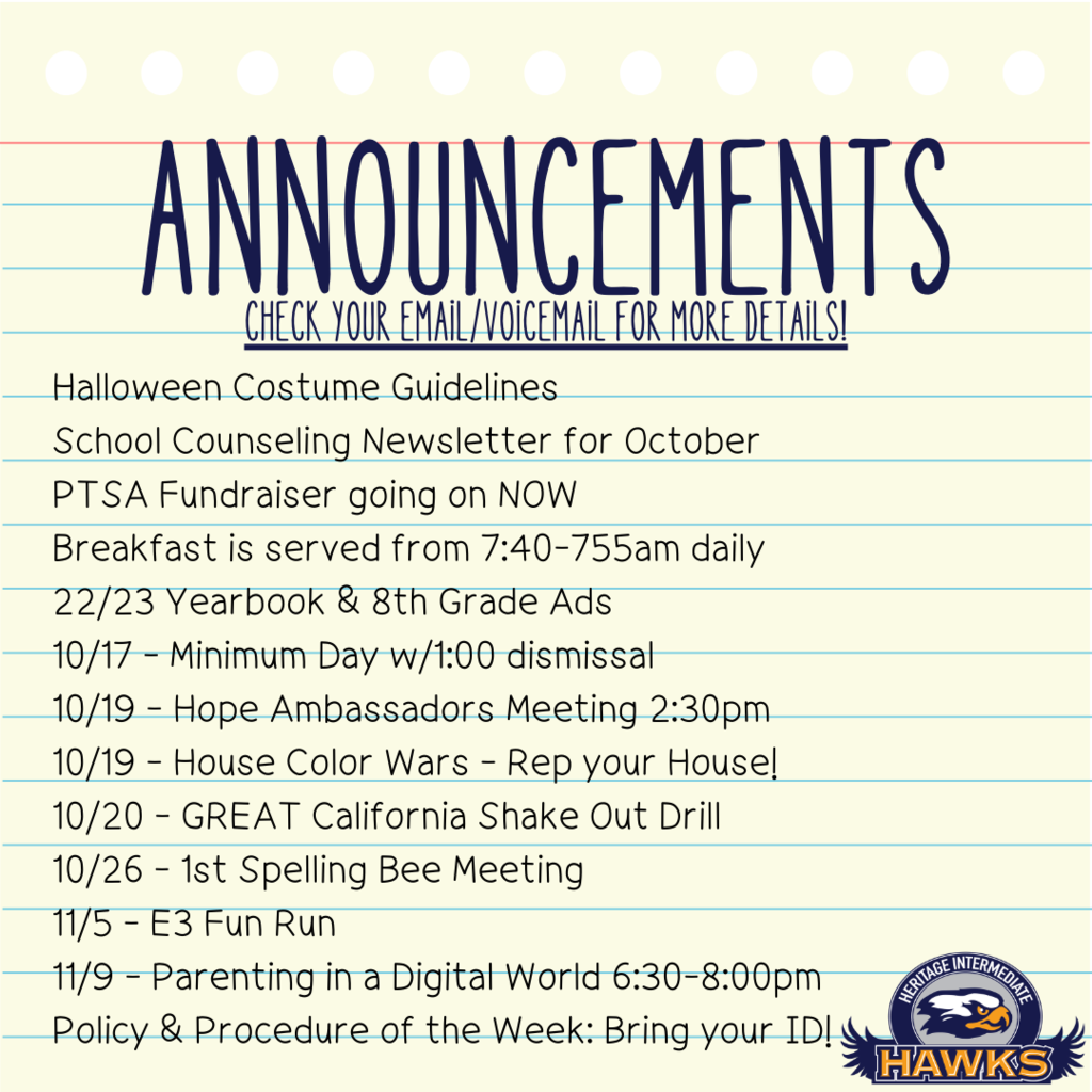 Announcements for 10/16/2022