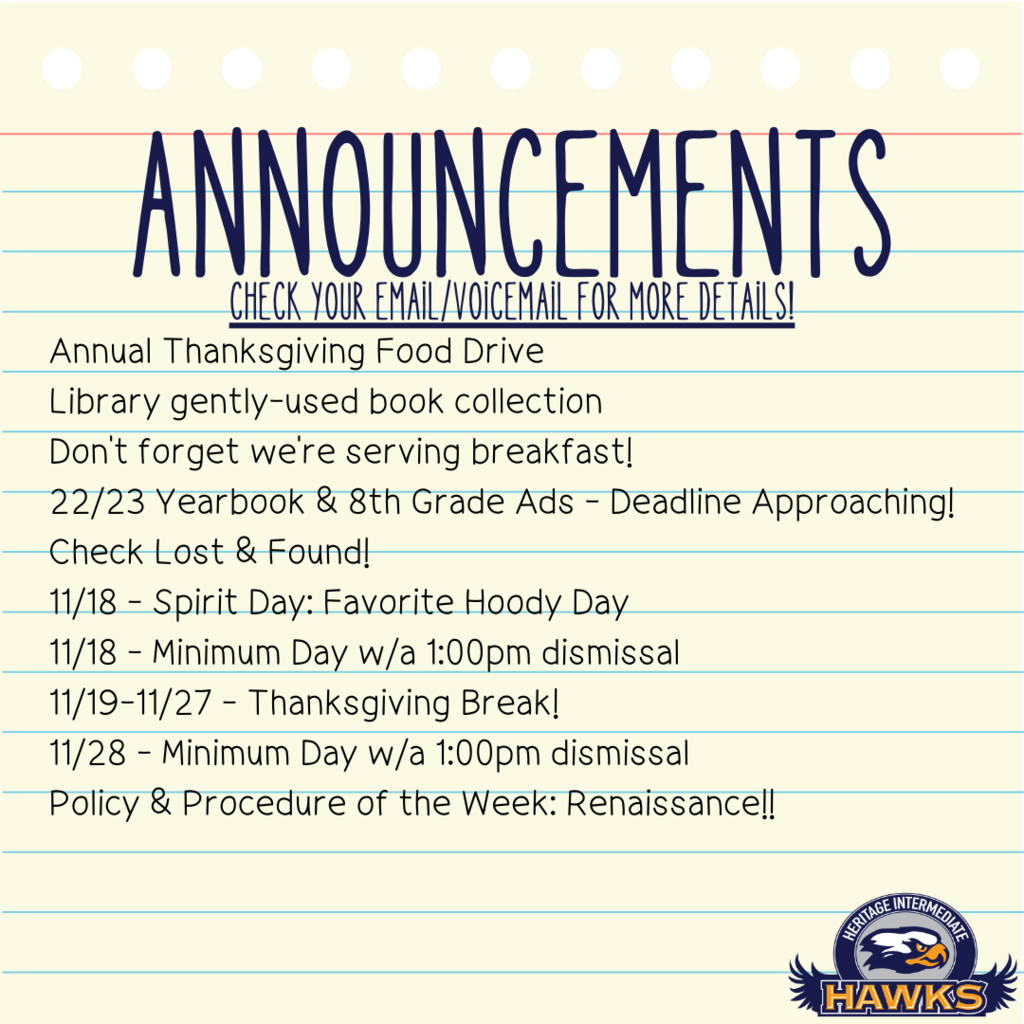 Announcements for 11/13/2022
