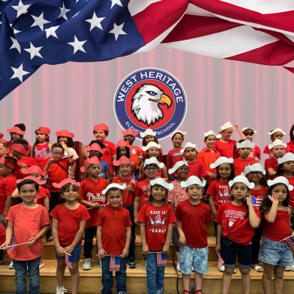 West Heritage Elementary School. Students on stage singing with an American flag in the background. 