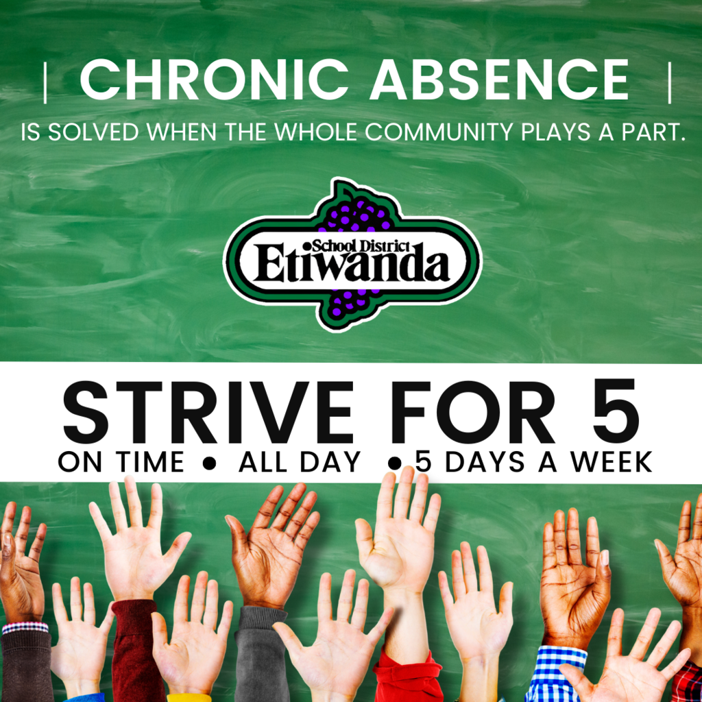 Chronic Absence is solved when the whole community plays a part. Strive for 5 - on time, all day, and 5 days a week.  
