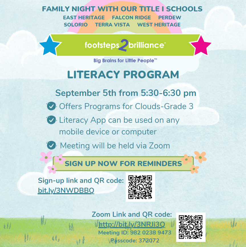Footsteps2Brilliance Family Night for all Title 1 Schools and families with Preschool-3rd grade students.