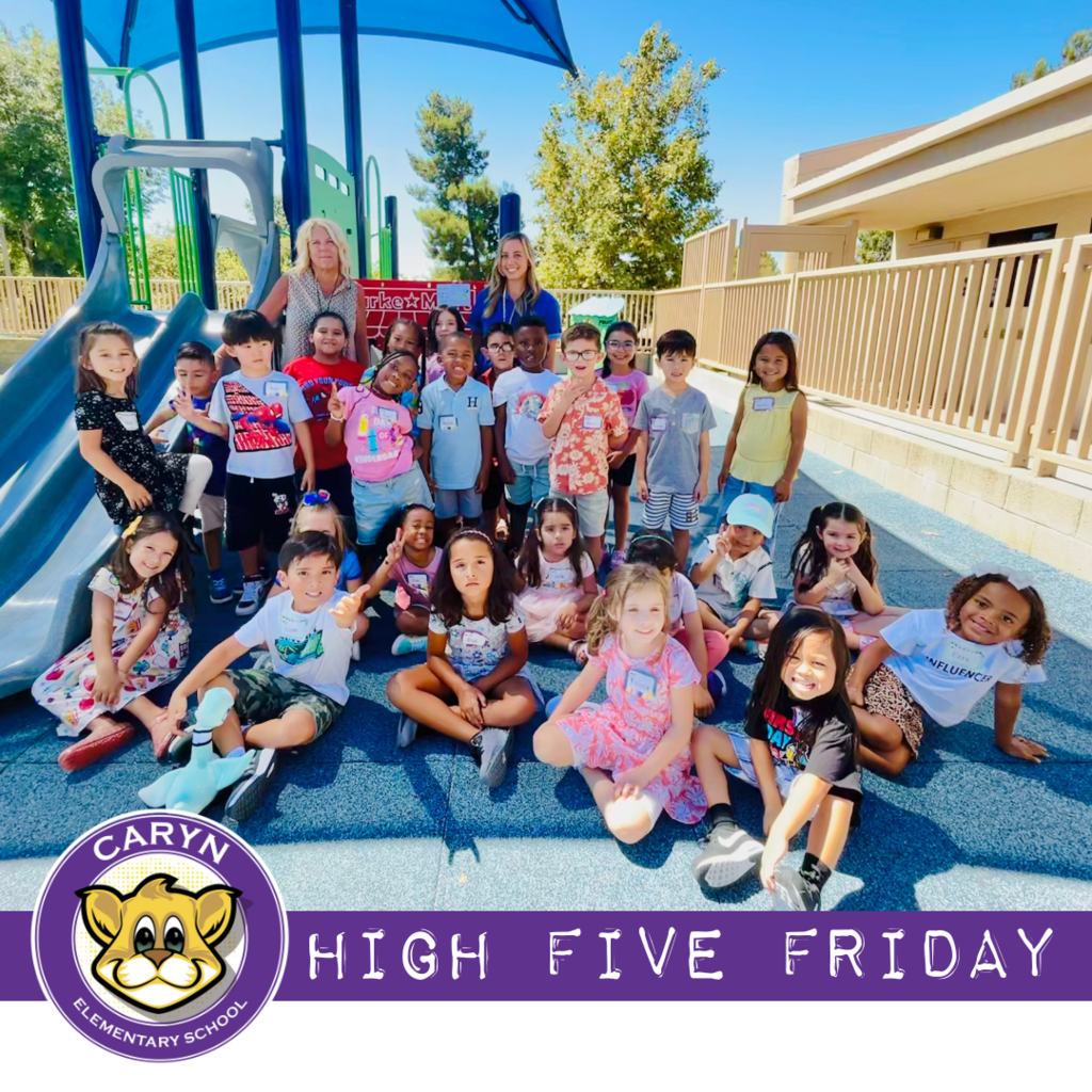 Text: High Five Friday Photo: Caryn Logo, teachers and students on playground