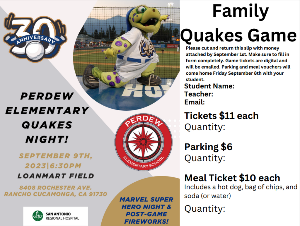 Perdew Elementary Quakes Noght!  Septermber 9th, 2023 at 6:30 pm  Loanmart Field 8408 Rochester Ave. Rancho Cucamonga, CA 91730 Marvel Super Hero Night @ post game fireworks. 30th anniversary logo tremor mascot photograph