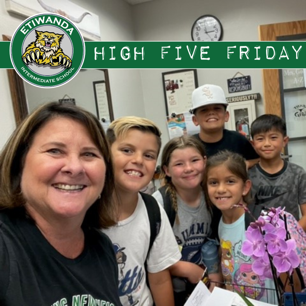 Text: High Five Friday - Etiwanda Intermediate Photo: EIS Logo - adult in office with students