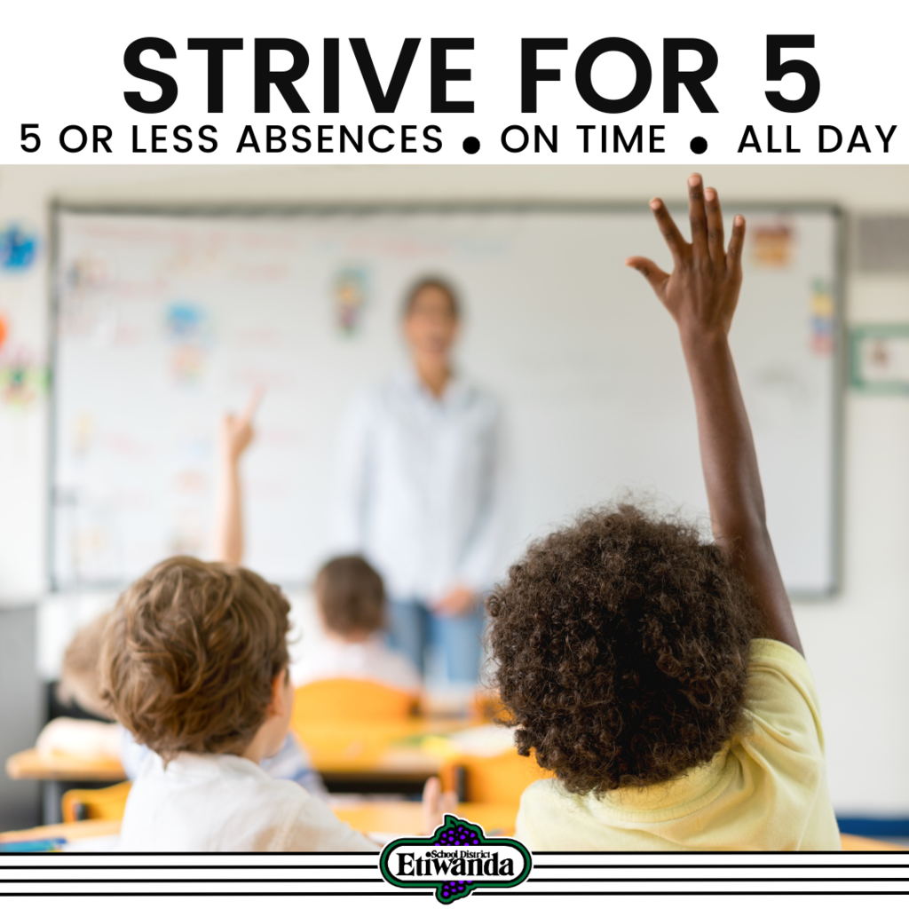Text: Strive for 5 or less absences, on time, all day Image: Students raising their hands