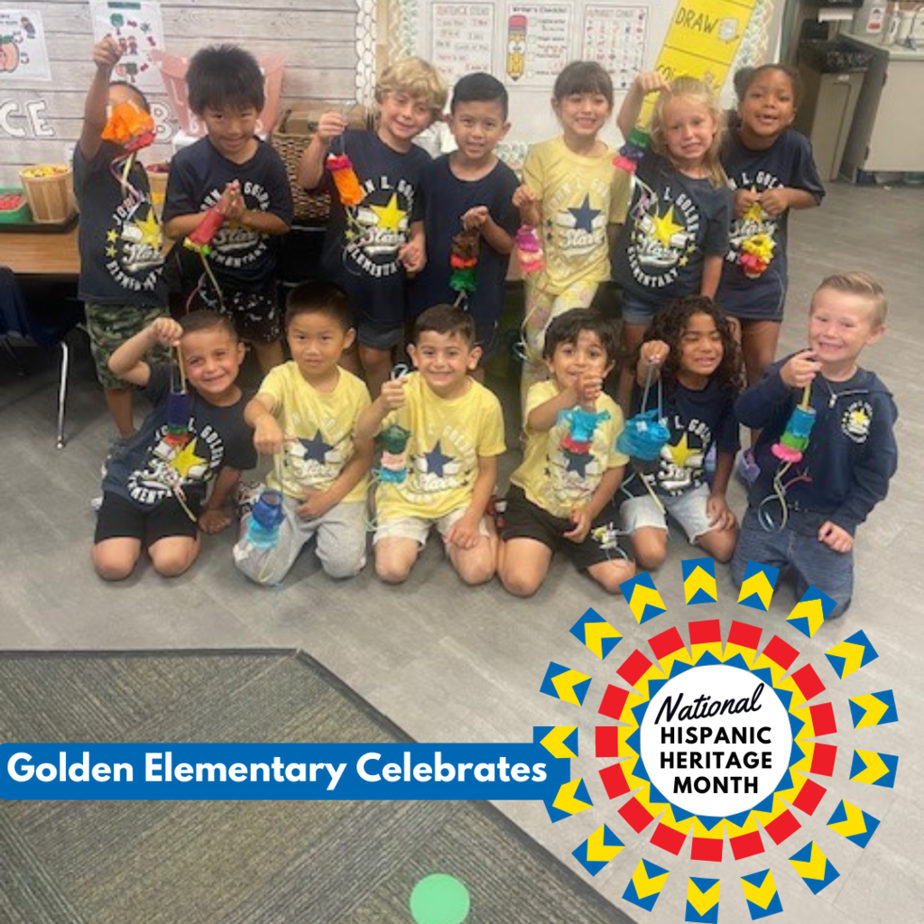 Text: Golden Elementary Celebrates National Hispanic Heritage Month Image: Students holding pinatas