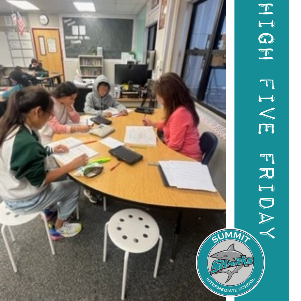 Text: High Five Friday, Summit Intermediate, Image: Students and Teacher