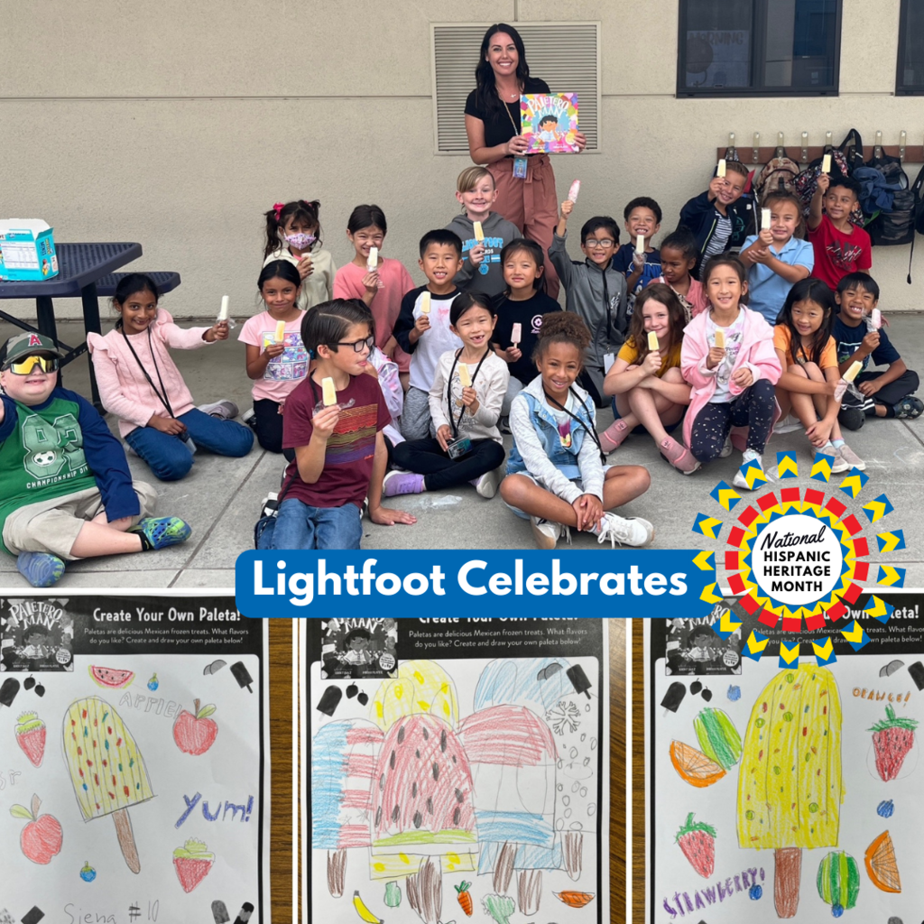 Text: Lightfoot Celebrates National Hispanic Heritage Month / Images: Teacher holding a book, students eating ice cream