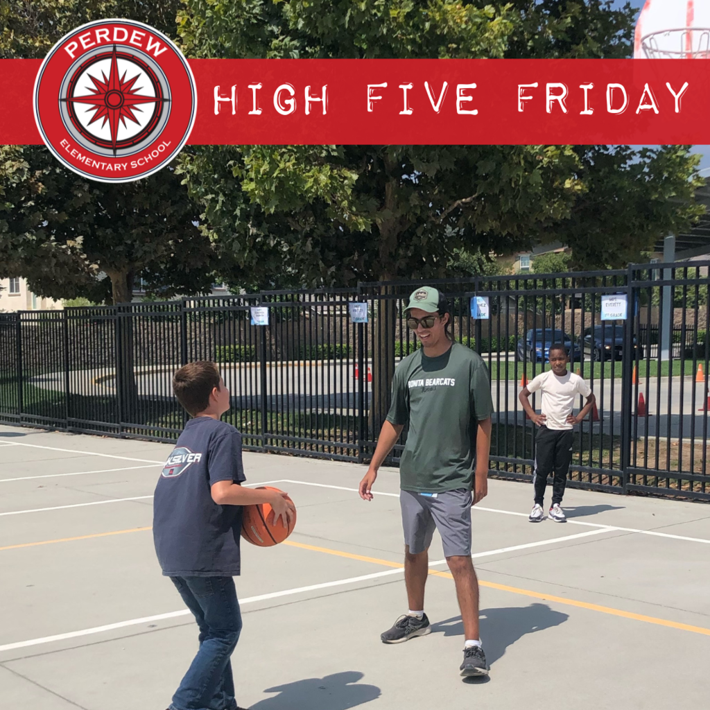Text: High Five Friday, Perdew Elementary School / Image: Teacher playing basketball with a student