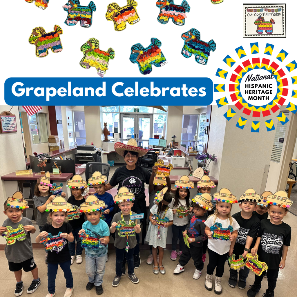 Text: Grapeland Celebrates National Hispanic Heritage Month, Our Colorful Pinata Image: Students and teacher inside school office holding pinatas