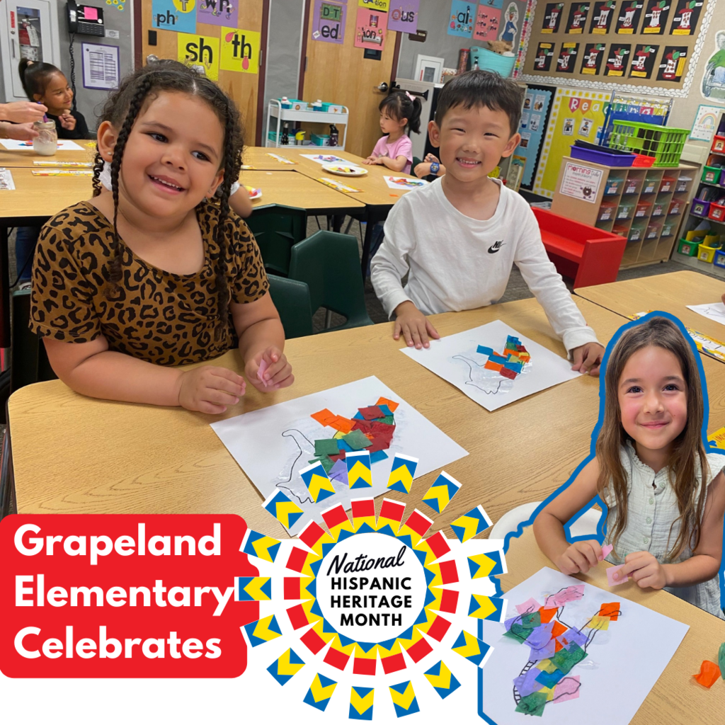 Text: Grapeland Elementary Celebrates National Hispanic Heritage Month Images: Students working on pinatas